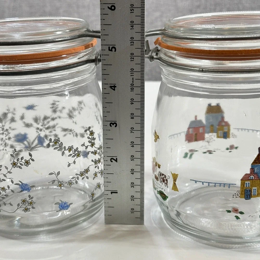 ARC France Glass Canister Heartland Farm Scene Set 2 3/4L Clear Clamp Lid Jar
